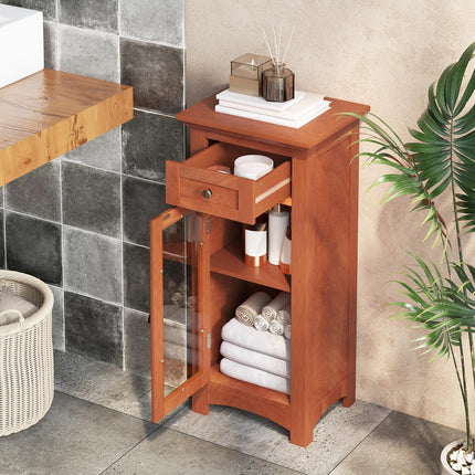 Dreamade Small Bathroom Storage Cabinet, Freestanding Narrow Bathroom Cabinet with Single Glass Door, Drawer