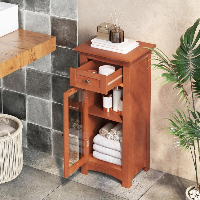 Dreamade Small Bathroom Storage Cabinet, Freestanding Narrow Bathroom Cabinet with Single Glass Door, Drawer