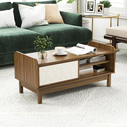Dreamade Coffee Table with Storage and Sliding Doors, Mid-Century Modern Coffee Table with Adjustable & Removable Shelf