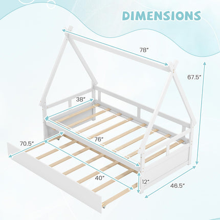 Dreamade Twin House Bed with Trundle, Wood Montessori Tent Bed Frame with Safety Guardrail