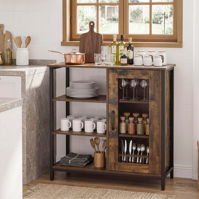 Dreamade Industrial Side Cabinet with Metal Mesh Door and 3 Open Shelves