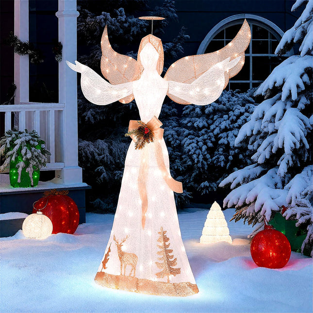Dreamade Pre-lit 3D Glittered Angel with 100 Warm White Lights Halo Bow Ground Stakes