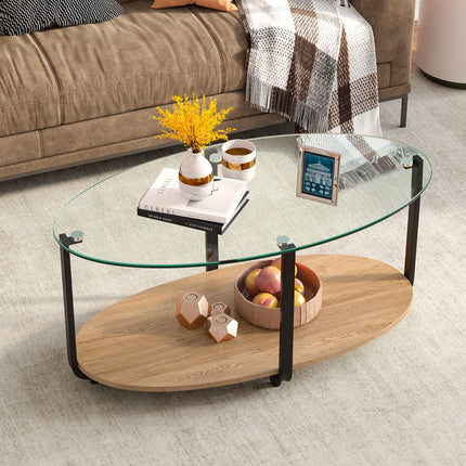 DREAMADE 2 Tier Glass Coffee Table, Oval Modern Home Furniture w/Open Storage Shelf & Sturdy Metal Legs