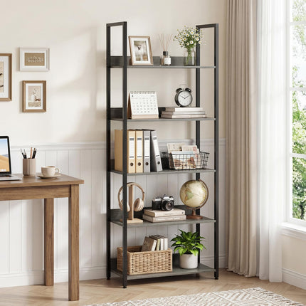 Dreamade 5-Tier Tall Wooden Open Bookcase with Back Panels & Metal Frame (1/2)