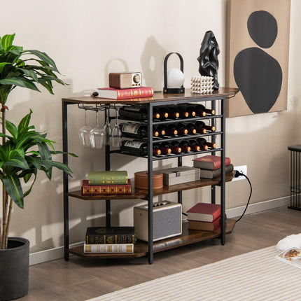 Dreamade Wine Bar Cabinet with Power Outlet, Mini Coffee Bar Stand Table with 21 Bottle Wine Rack & Glass Holders