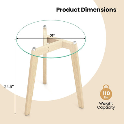 Dreamade Glass Round Side Table w/Tempered Glass Top & Rubber Wood Frame