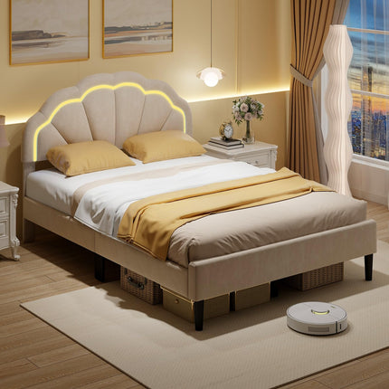 Dreamade Full Size LED Bed Frame, Velvet Upholstered Full Platform Bed with Adjustable Cloud Headboard