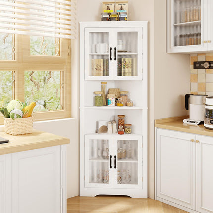 Dreamade 67" Tall Corner Cabinet Space-Saving Triangular Storage Cabinet w/ 4 Tempered Glass Doors
