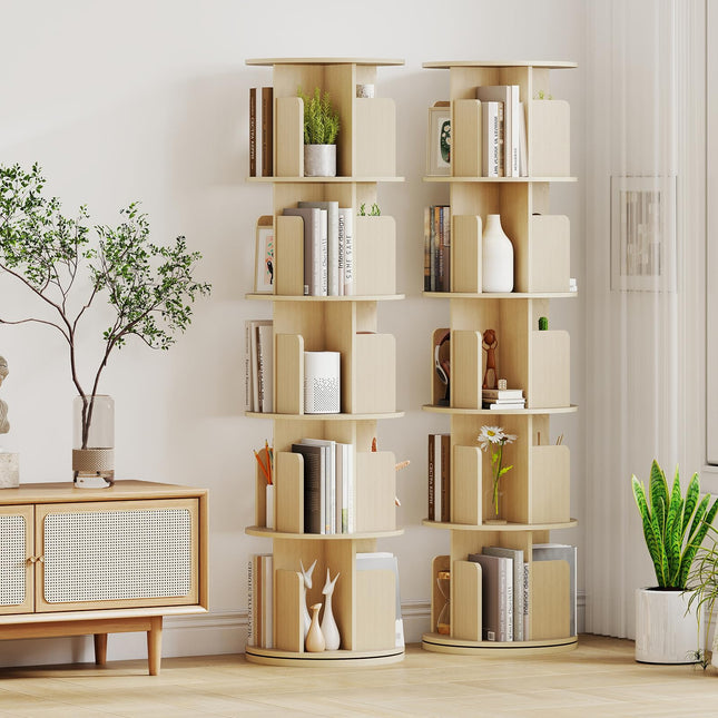 Dreamade 5-Tier Rotating Bookshelf 360° Display Rack w/Dividers & Anti-Falling Baffles