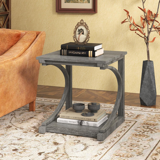 Dreamade C-Shaped End Table, 24" Square Couch Table with Bottom Storage Shelf & Solid Rubber Wood Frame