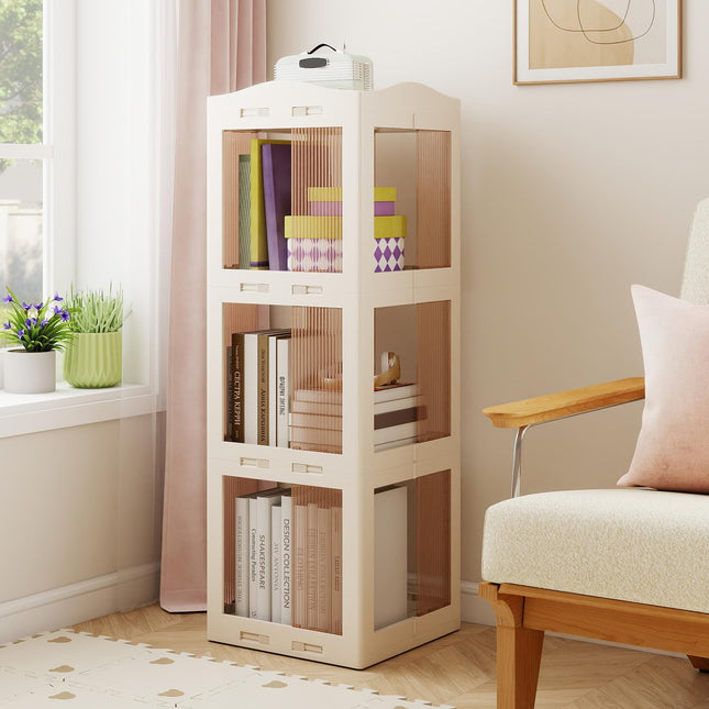 Dreamade 3-Tier 360° Revolving Bookshelf Tower | Translucent Storage Organizer for Living Room
