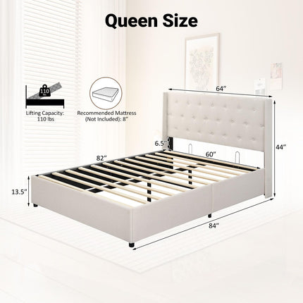 Dreamade Modern Linen Upholstered Platform w/Button Tufted Wingback Headboard & Hydraulic Support