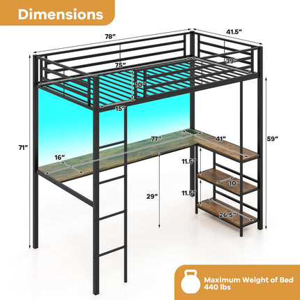 Dreamade Twin Loft Bed with L-Shaped Desk, Metal Loft Bed Frame with LED Lights