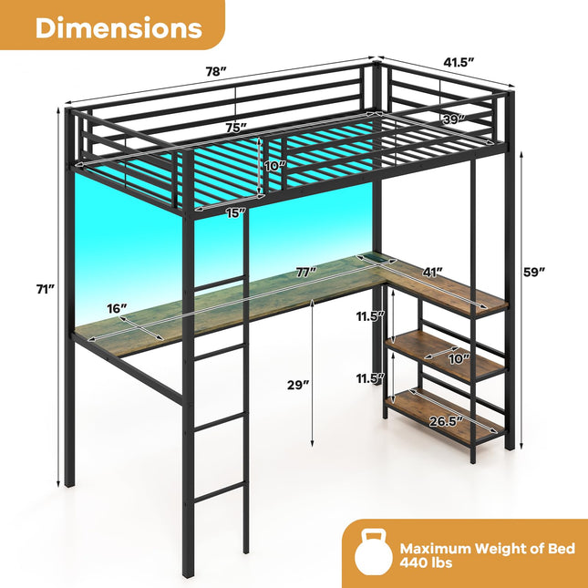Dreamade Twin Loft Bed with L-Shaped Desk, Metal Loft Bed Frame with LED Lights
