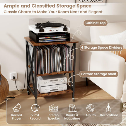 Dreamade Record Player Stand with Charging Station, Turntable Stand with Record Storage & 4 Rolling Wheels
