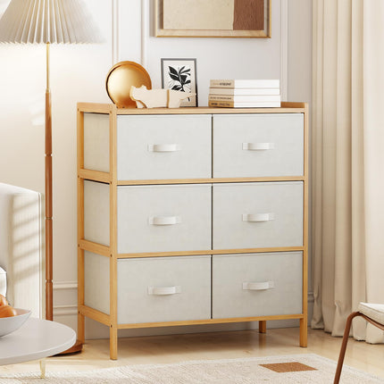 Dreamade White Dresser for Bedroom Bamboo 6 Fabric Drawers Storage Tower with Top Shelf