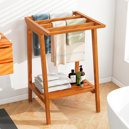 Dreamade Teak Towel Rack for Bathroom, 5 Bars Freestanding Towel Racks with Storage Shelf, 19.5" L x 19.5" W x 31.5" H