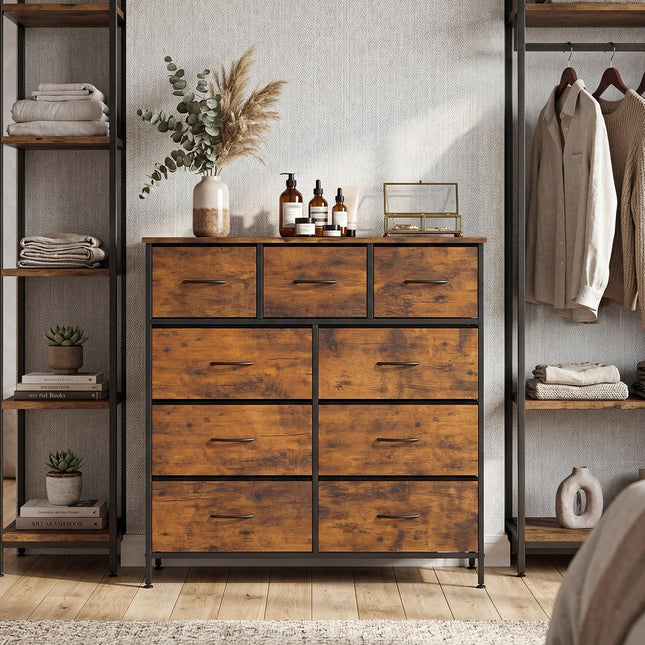 Dreamade 9-Drawer Tall Fabric Storage Organizer Chest with Wooden Top & Sturdy Metal Frame