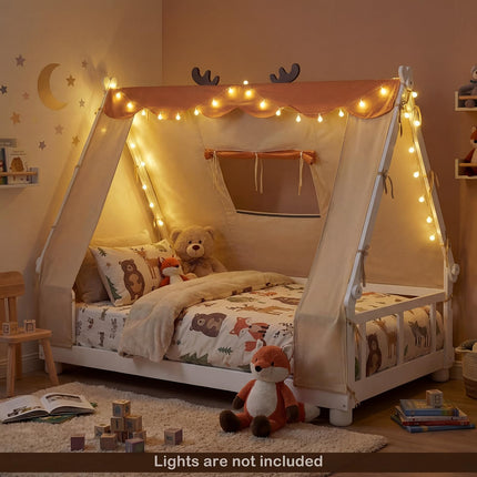 Dreamade Twin Size House Floor Wood Bed with Tent