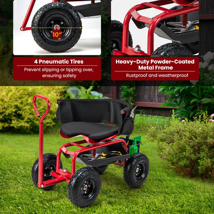 Dreamade Cushioned Rolling Garden Cart Scooter with Storage Basket and Tool Pouch