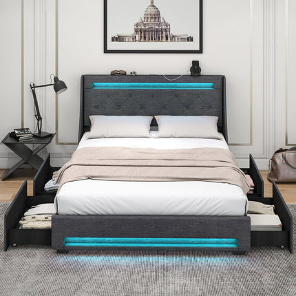 Dreamade Full Size Bed Frame with LED Lights & Charging Station, Upholstered Platform Bed with Wingback Headboard