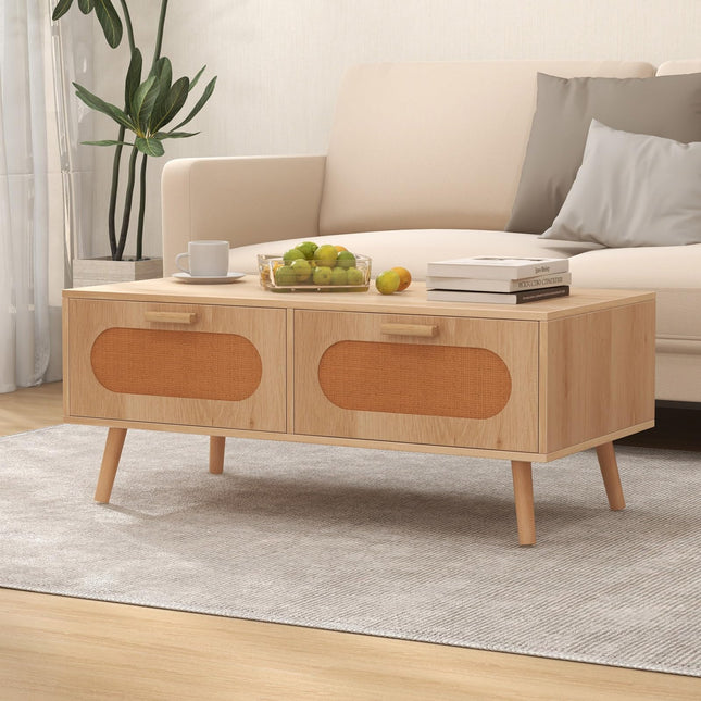 Dreamade Rattan Coffee Table, Mid Century Modern Center Table with 2 Storage Drawers & Back Compartment