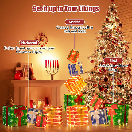 Dreamade Lighted Gift Boxes, Set of 4 Stackable Pre-lit Box Decorations with Warm White LED Lights & Pre-Assembled Ribbons