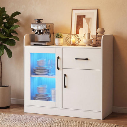 Dreamade RGB LED Buffet Sideboard | White Kitchen Storage Cabinet with Charging Station
