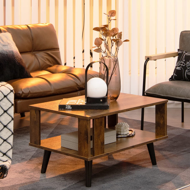 Dreamade Retro Wood Coffee Table, 2-Tier Tea Table w/Open Storage Shelf & Supportive Legs