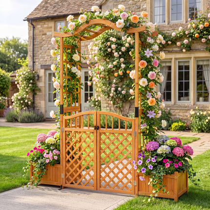 Dreamade 83" Wooden Garden Arbor with Gate and 2 Planter Boxes