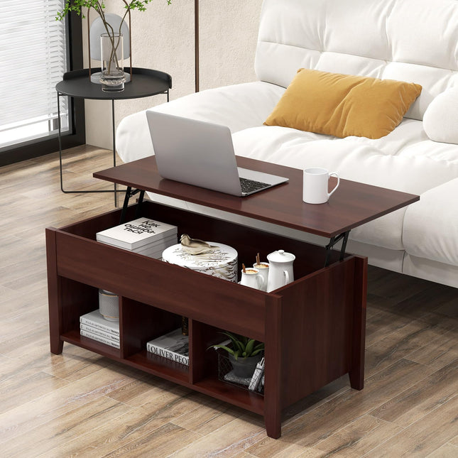 Dreamade Lift Top Coffee Table - Rectangular Wooden Table w/Hidden Compartment & Open Storage Shelves
