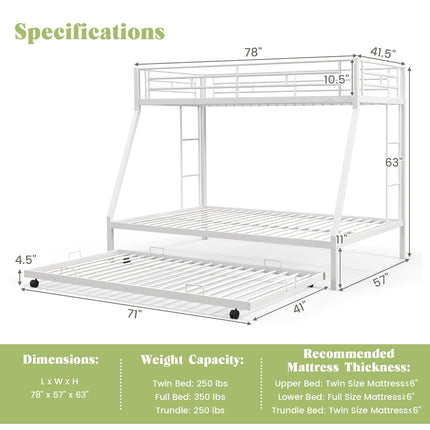 Dreamade Twin Over Full Bunk Bed with Trundle, Heavy-Duty Metal Triple Bunk Beds