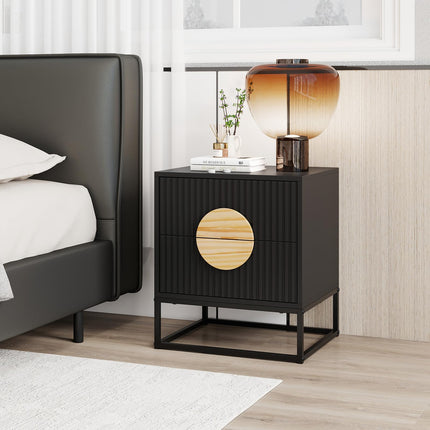 Dreamade Fluted Nightstand with 2 Drawers with Natural Circle Handle & Metal Frame