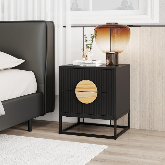Dreamade Fluted Nightstand with 2 Drawers with Natural Circle Handle & Metal Frame