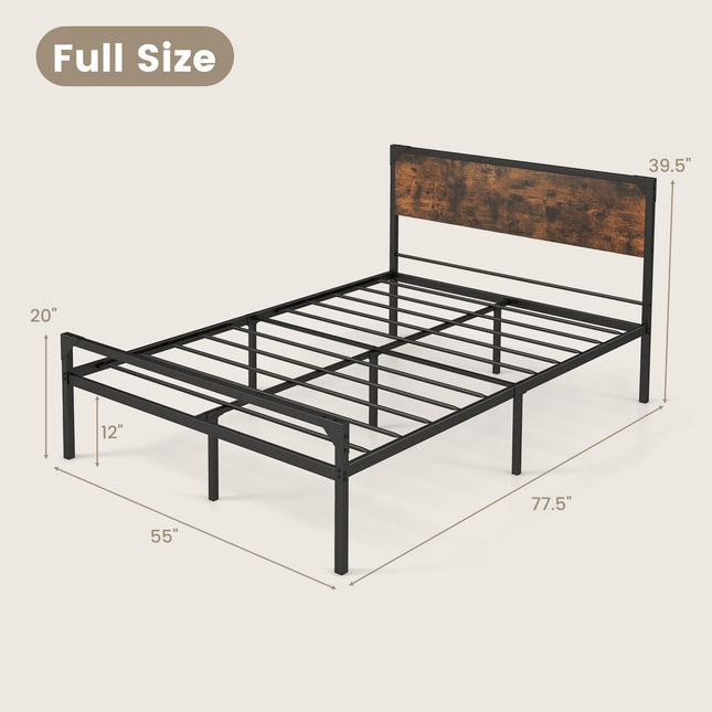 Dreamade Full Size Bed Frame with Rustic Headboard & Footboard, Strong Metal Slat Support Mattress Foundation