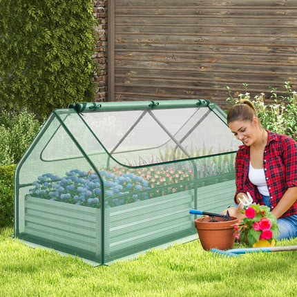 Dreamade Galvanized Steel Raised Garden Bed with Mini Greenhouse, Outdoor Metal Planter Box Kit with Large Roll-up Cover