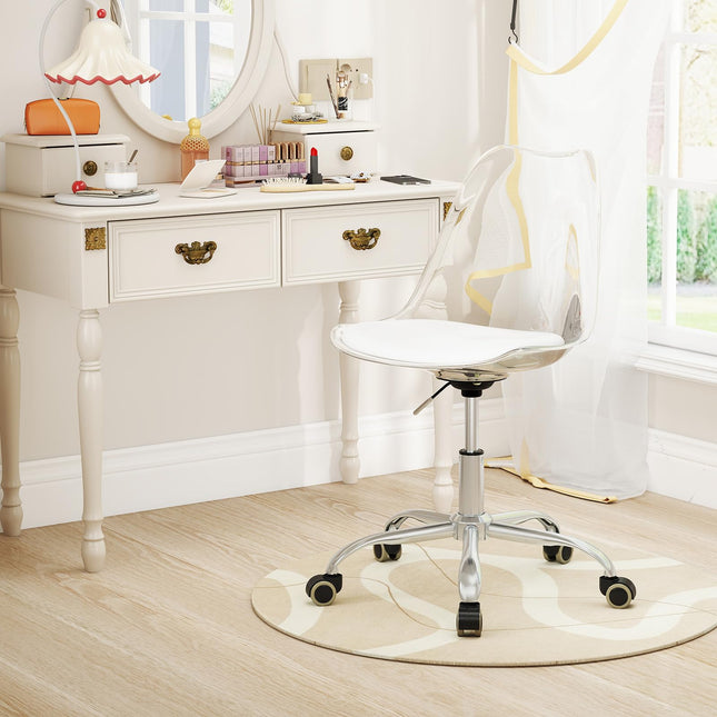 Dreamade Acrylic Clear Desk Chair with PU Leather Cushion Modern Small Home Office Chair with Wheels