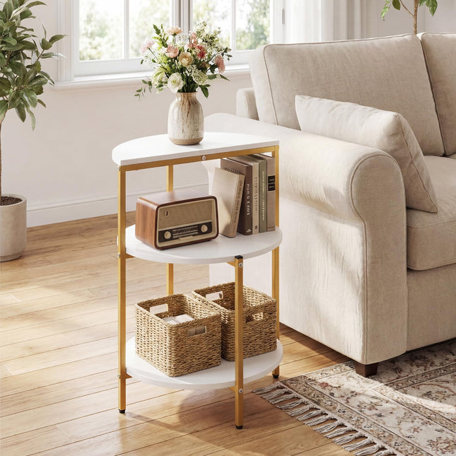 Dreamade 3-Tier Round Side Table - Wood Bedside Sofa End Table with Storage Shelves & Metal Frame