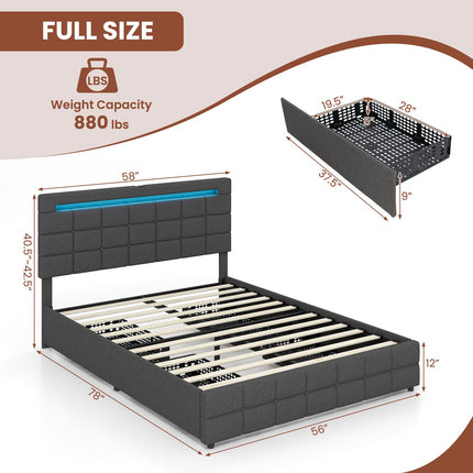Dreamade Full/Twin Size Bed Frame with LED Lights and 4 Drawers