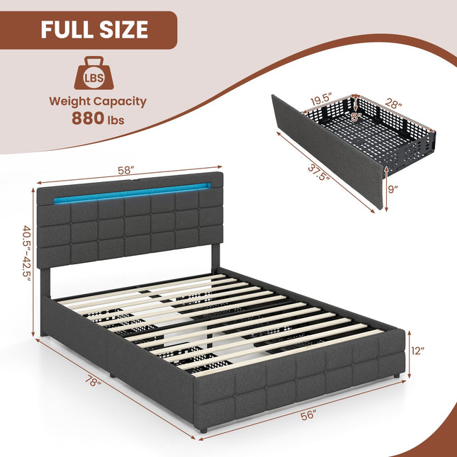 Dreamade Full/Twin Size Bed Frame with LED Lights and 4 Drawers