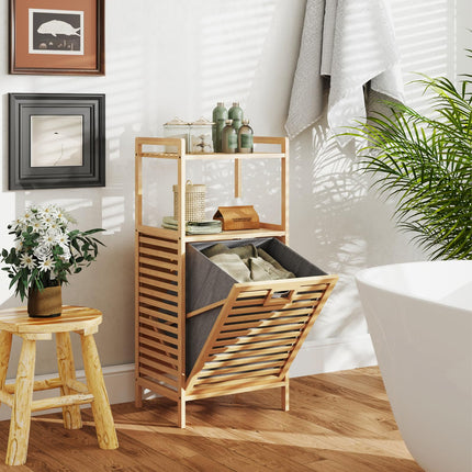 Dreamade Tilt Out Laundry Hamper Bamboo Laundry Storage Cabinet with 2-Tier Storage Shelves
