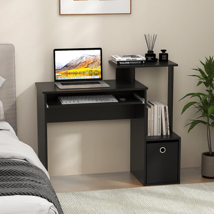 Dreamade Computer Desk with Keyboard Tray, Compact Home Office Desk with Fabric Drawer & Storage Shelf