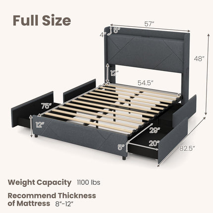 Dreamade Full/Queen Size Bed Frame with 4 Storage Drawers & LED Lights, Headboard & Charging Station, Wooden Slats, Easy Assembly, Grey