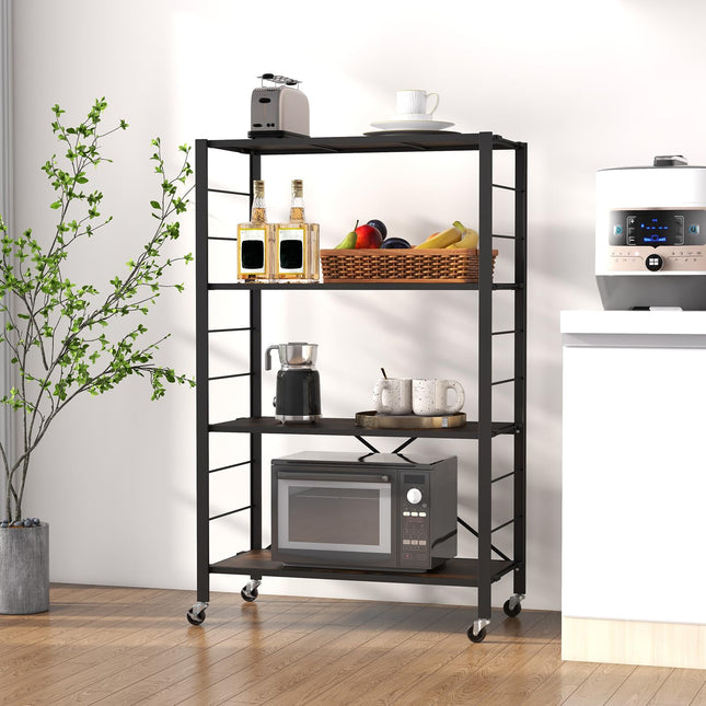 Dreamade 4-Tier Folding Storage Shelf, Collapsible Shelving Unit w/Lockable Wheels & Adjustable Shelf