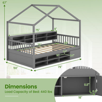 Dreamade Twin Size House Bed with Storage, Wooden Montessori House Bed with 14 Storage Cubes