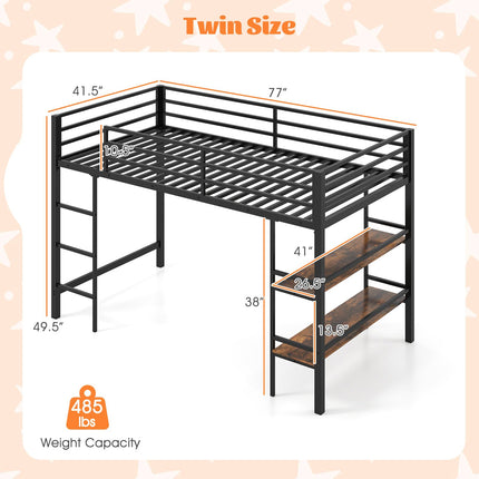 Dreamade Low Loft Bed Twin Size Heavy Duty Metal Frame w/Storage Shelves