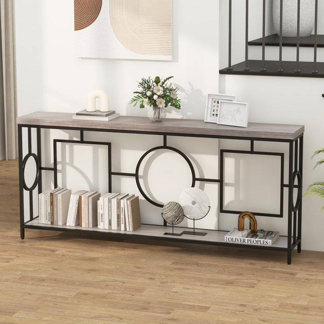 Dreamade 71" Console Table, 2-Tier Extra-Long Entryway Table w/Storage Shelf, Faux Wood Top