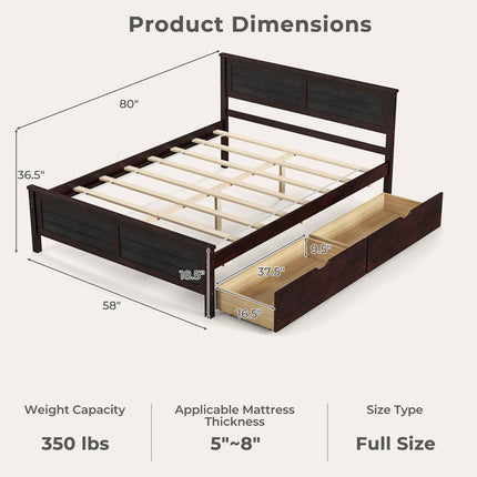 Dreamade Wood Full Size Bed Frame with 2 Storage Drawers, Solid Wood Platform Bed with Headboard