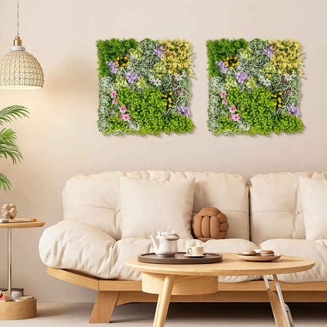 Dreamade 2 Pack Hanging Artificial Plants Panels, 20" x 20" Square Framed 3D Greenery Wall Art Decor
