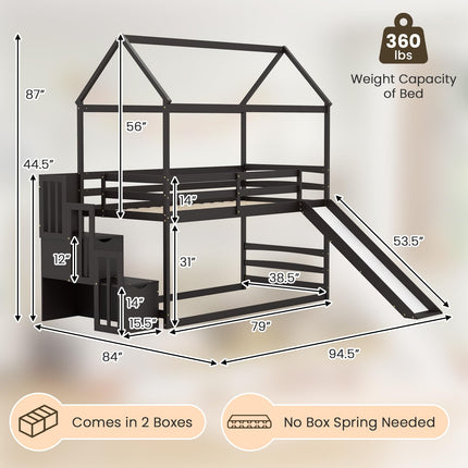 Dreamade House Bunk Bed Twin Over Twin with Slide and Storage Stairs, Solid Wood Low Loft Bed Frame with Roof & Guardrail